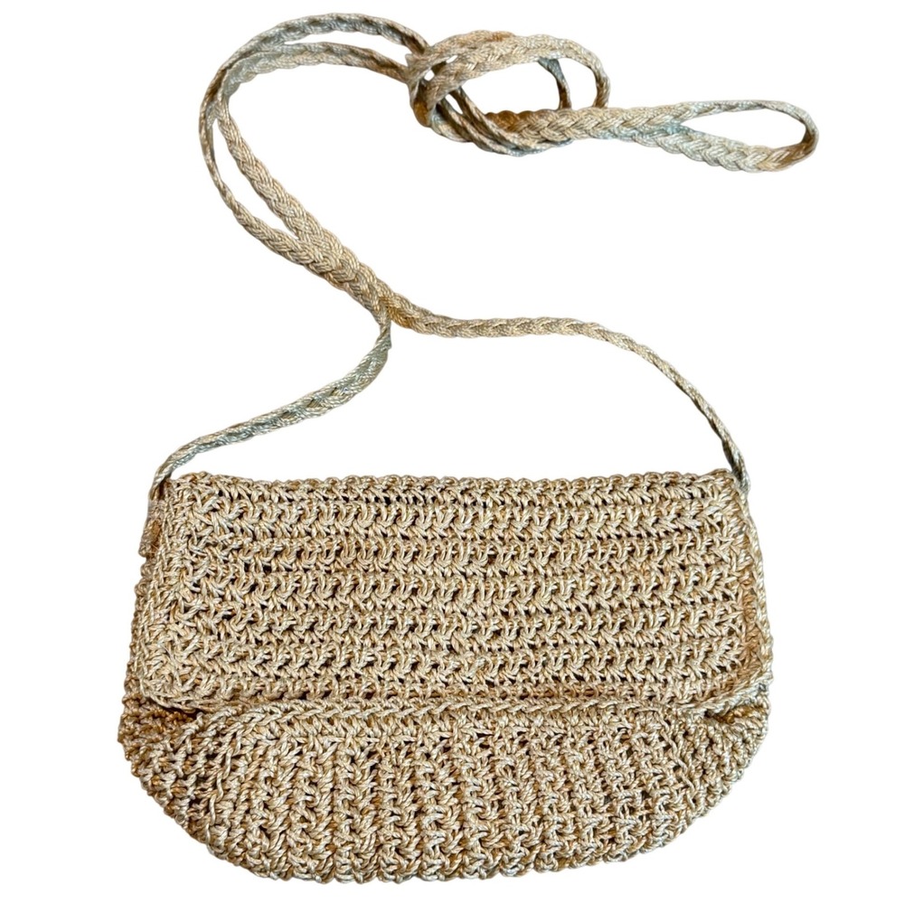 Indeed! Tan Metallic Woven Straw Crossbody Bag Braided Strap Small Summer Purse